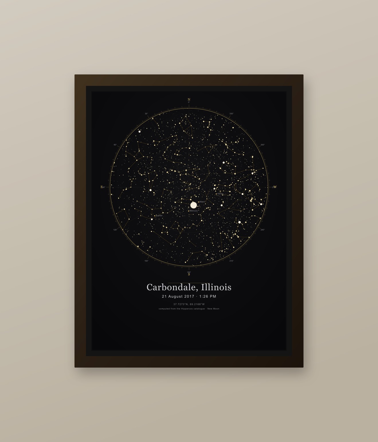 Framed sky chart — Carbondale, Illinois