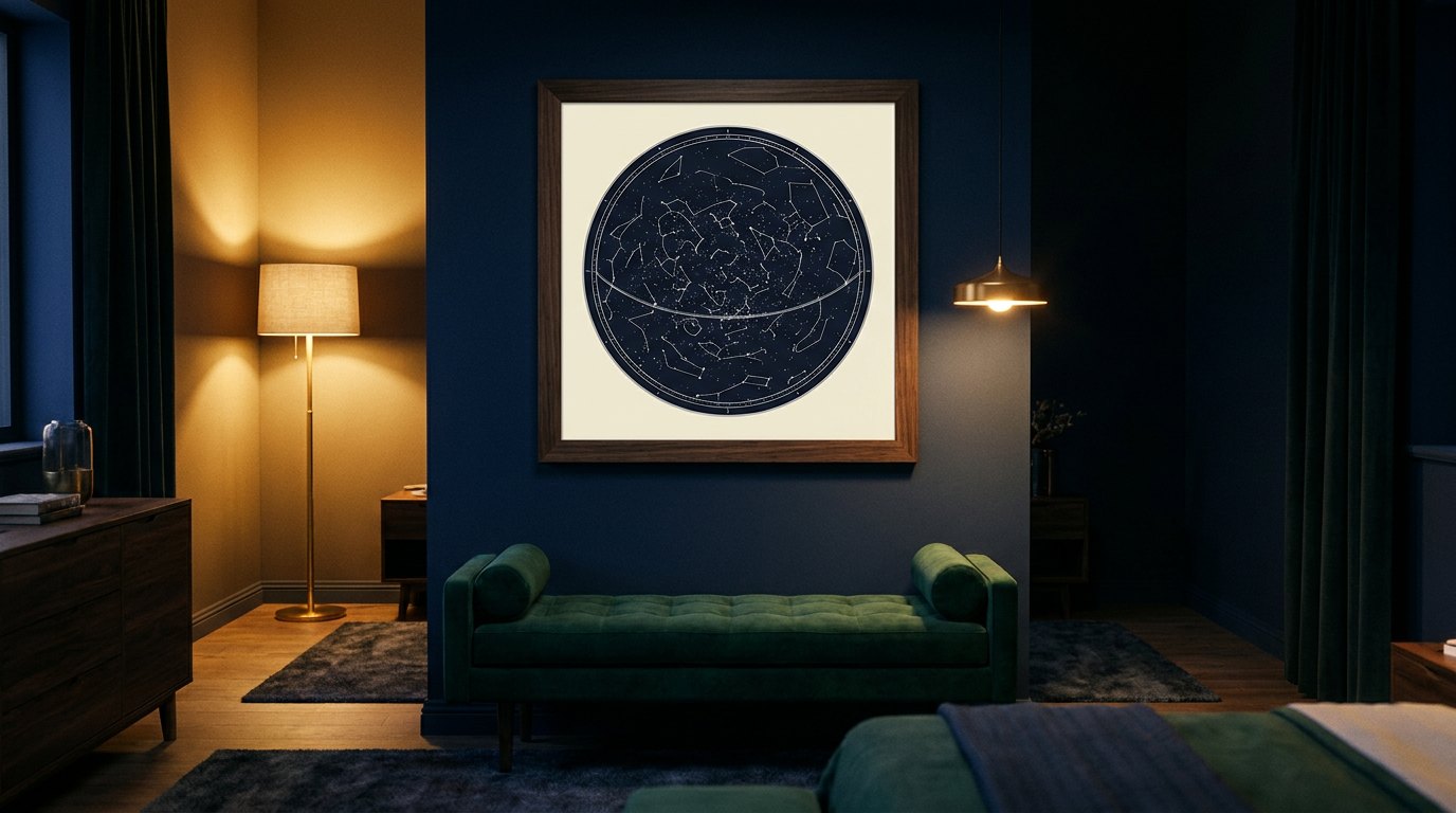 A Painted Skies chart on the wall — The bedroom