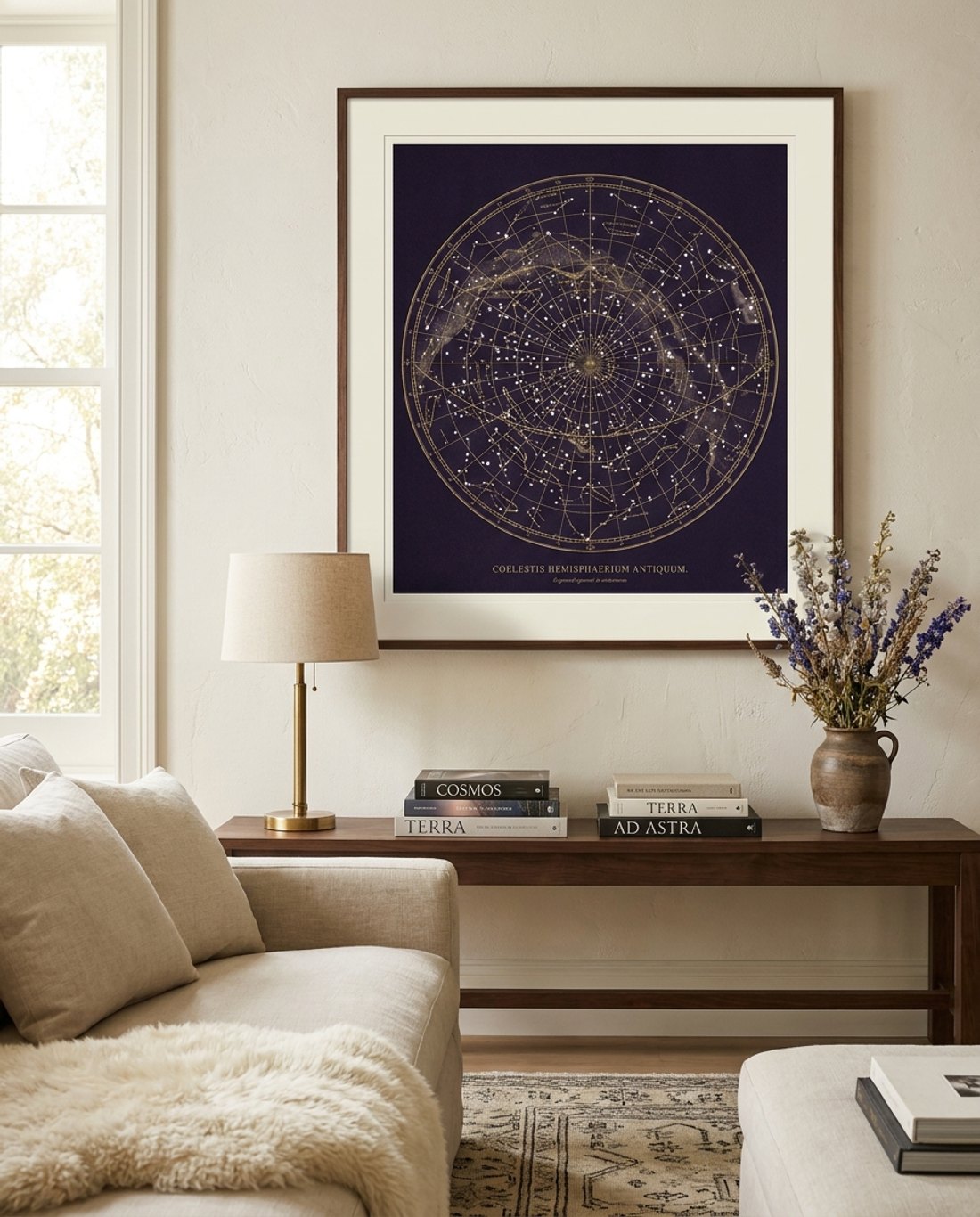 A framed Painted Skies chart on a living-room wall